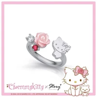 hello kitty rose electroplated 925 sterling silver ring female cartoon animation open adjustable ring womens jewelry