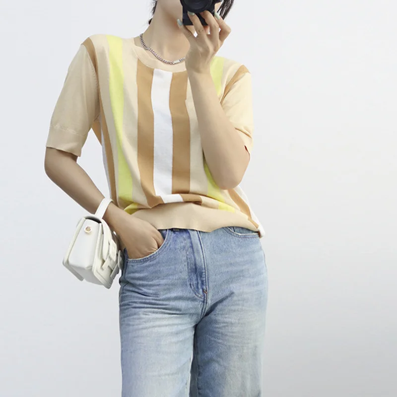 

Spring/Summer Colorblock Crew Neck Striped Knit Short Sleeve Shirt