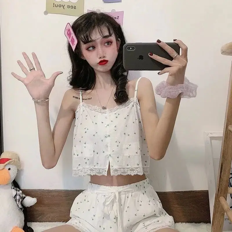 Qweek Women's Pajamas Suits with Shorts Sling Lace Pyjamas Set Korean Cute Pijamas Summer Night Homesuit Home Clothes Sleepwear