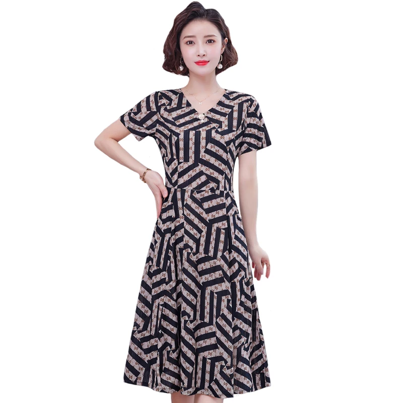 

Short Sleeve Print Women's Dress Summer korean fashion Casual V-Neck Midi Dress Elegant A-Line Vintage Dresses For Woman Clothes