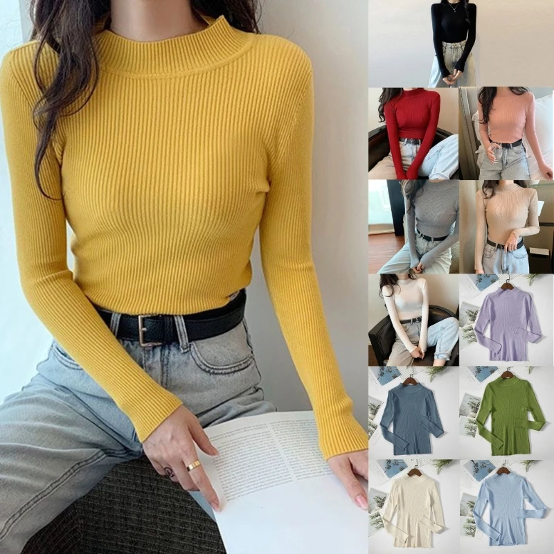 

Womens Slim Fitted Lightweight Long Sleeve Mock Neck Sweater Ribbed Knitted Solid Basic Bottoming Pullover Jumper Top A5KE
