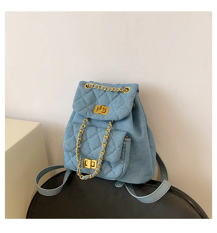 

2022 New Fashion Texture Versatile Rhombic Lattice Chain Backpack Women's Denim Backpacks