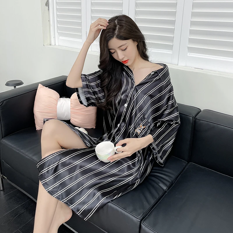 

SLANNA Summer New Women's Silk Satin Thin Nightgown Comfortable Striped Style Pajamas Sexy Pajamas Women's Satin Homewear