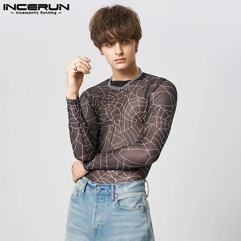 

Fashion Casual Style Tops INCERUN Men's Spider Printed See-through Mesh T-shirts Sexy Hot Sale Tight Elastic Thin Camiseta S-5XL