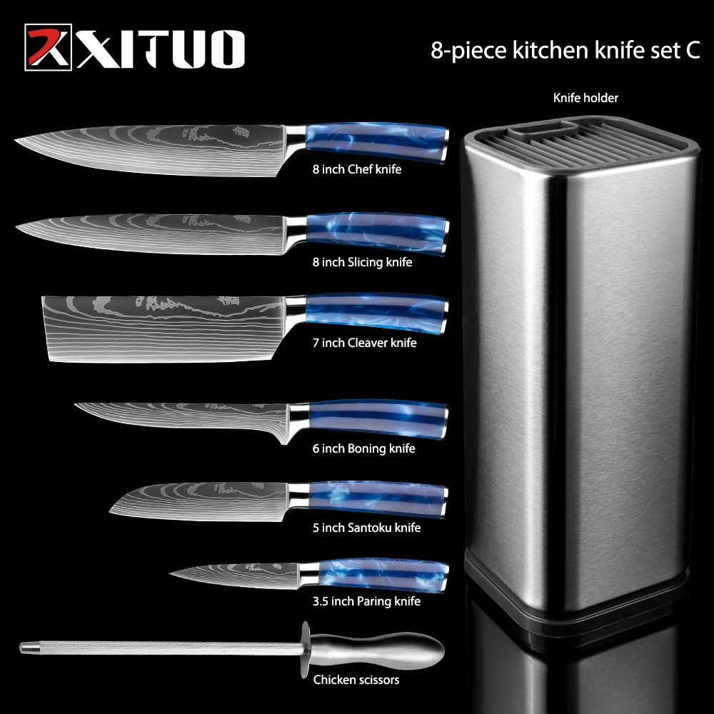 XITUO Set di coltelli da cucina coltelli da cuoco giapponesi 7CR17 acciaio inossidabile damasco Laser affettare Santoku Cleaver 1-10pc coltelli da cucina