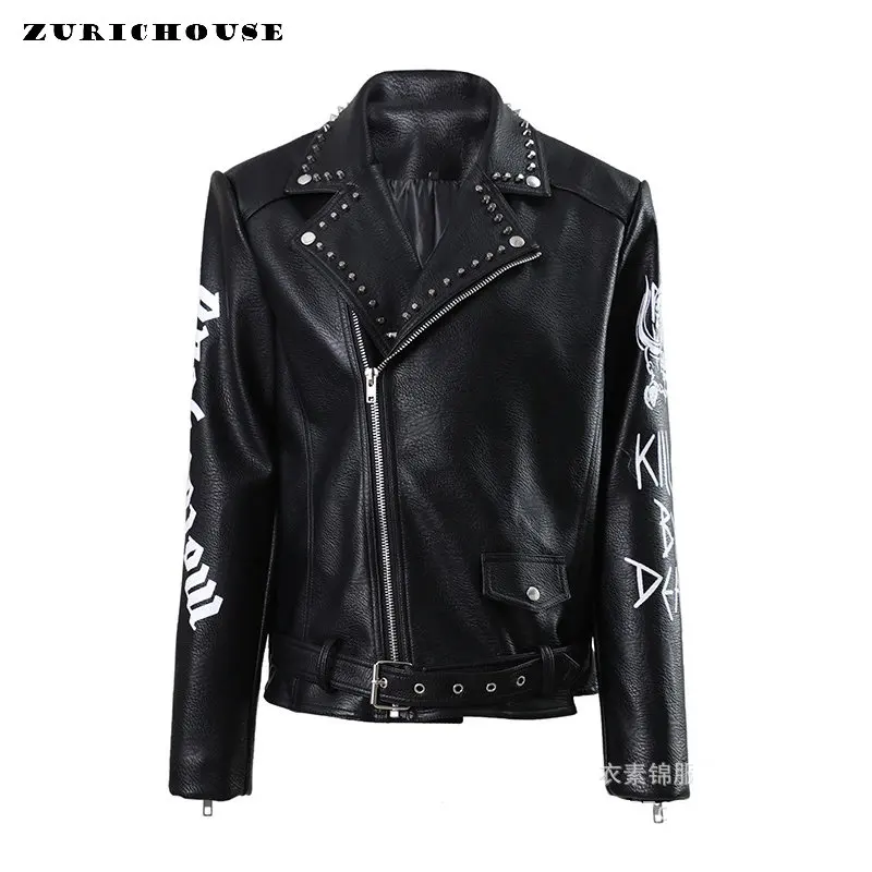 

Motorcycle Leather Jackets for Women's and Men's 2023 Trend Rivets Punk Style Streetwear Fun Print Faux Leather Black Jacket