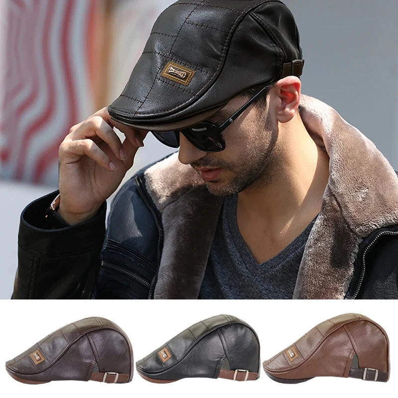 

Мужской модный ретро-берет из искусственной кожи, шапки, осенне-зимний кожаный берет, шапка, козырек для мужчин среднего возраста, теплая плоская Регулируемая Кепка