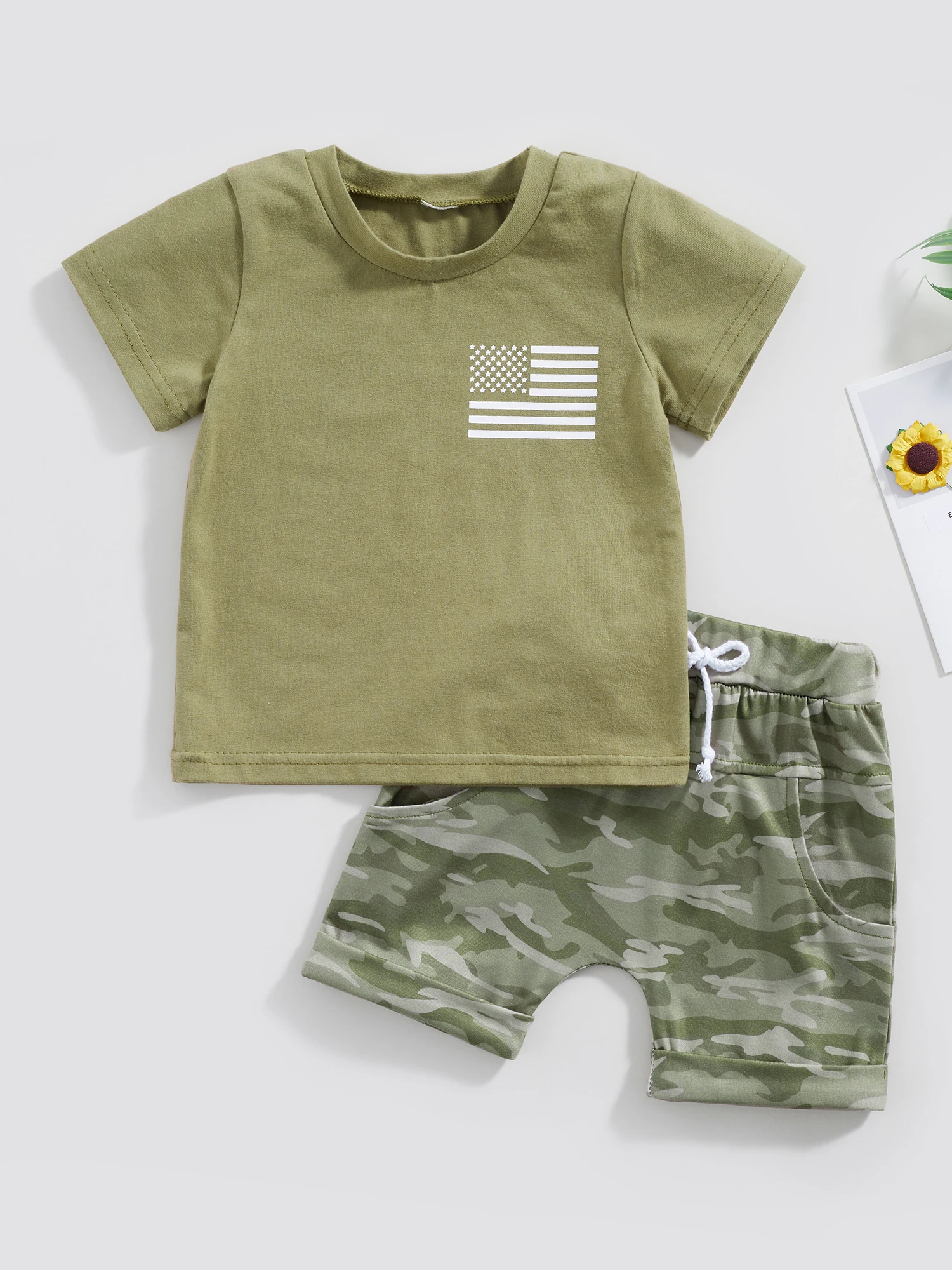 

0-4T Toddler Boys 4th of July Clothes Short Sleeve Shirt Elastic Waist Shorts Set American Flag Tee Camo Bottoms Set