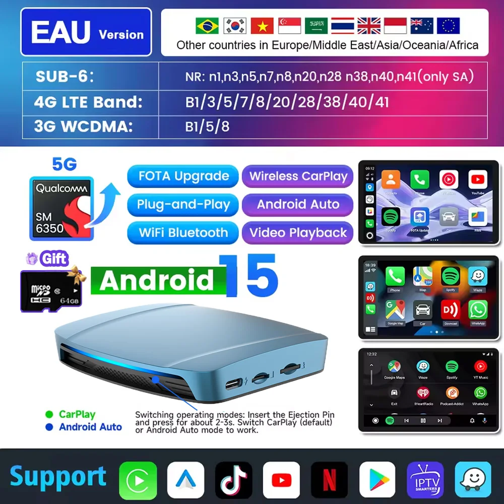 Новый Carlinkit 2025 Android 15 AI Box Беспроводной Carplay Android Auto TV Box SM6350 Автомобильный потоковый блок 8 + 256 ГБ для Youtube/Netfli