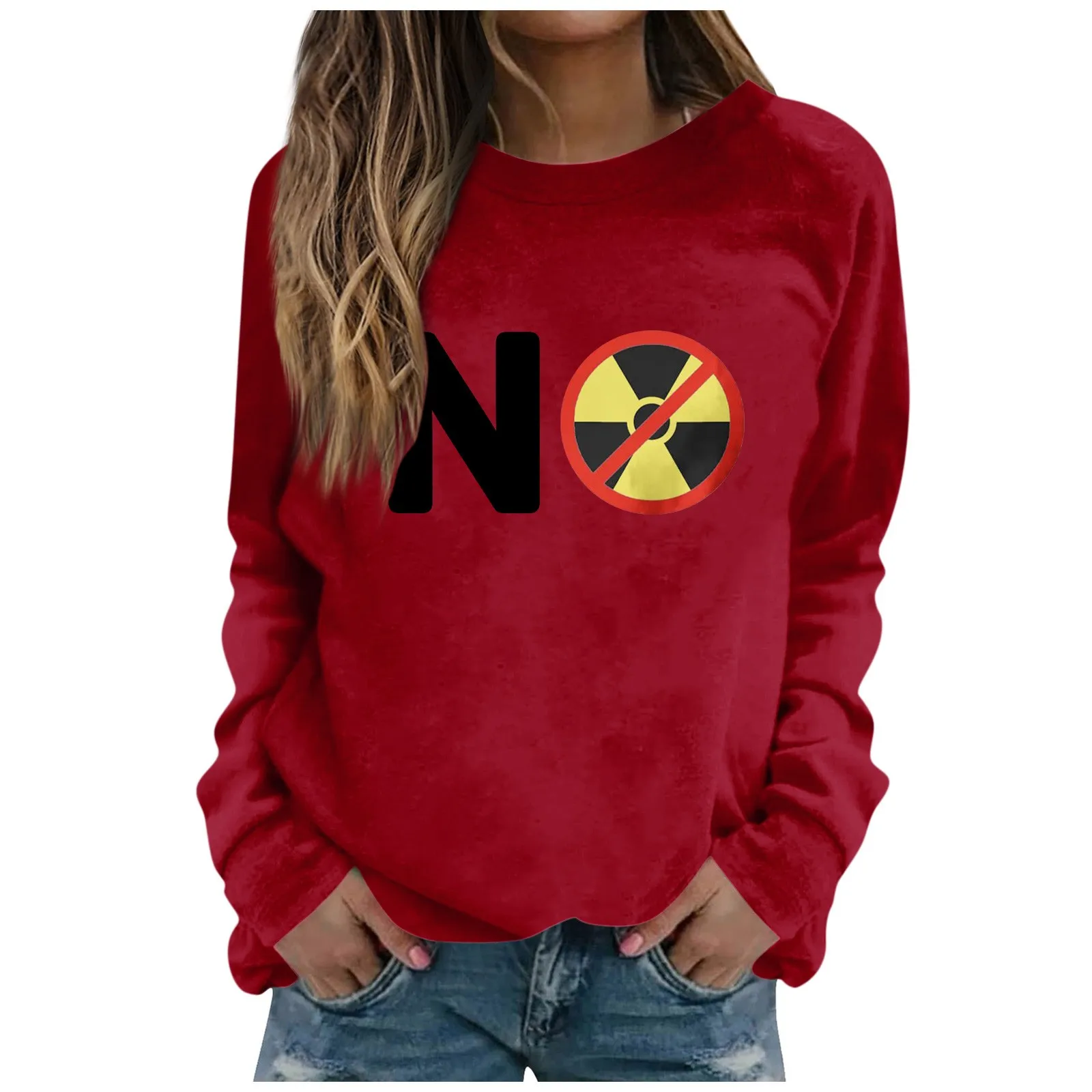 

2023 Women'S Fashion Casual Long Sleeve Prohibit Wastewater Pollution Sea Water Printing Round Neck Pullover Top Camiseta