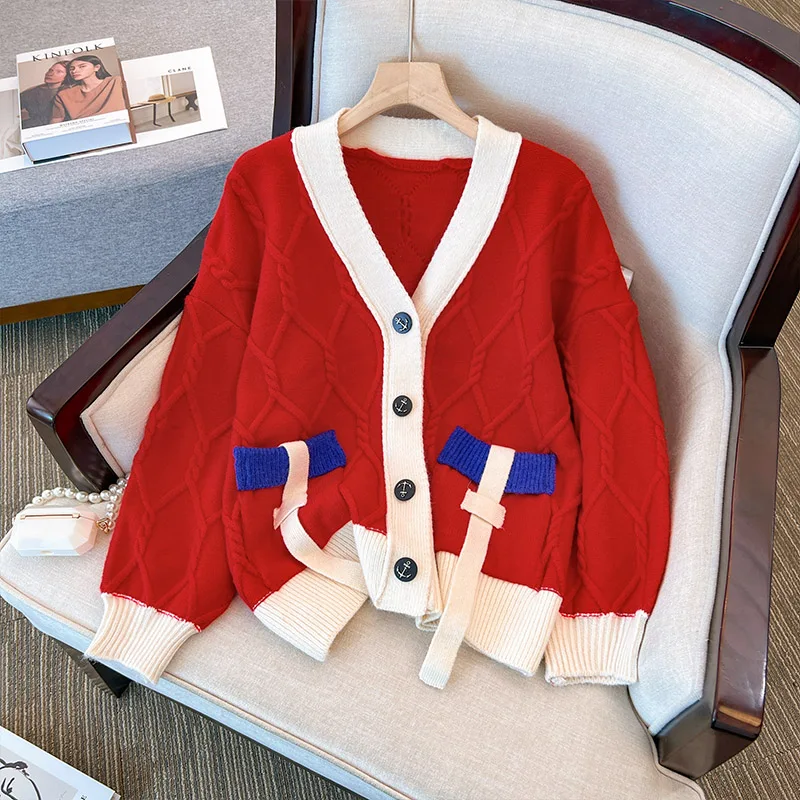 

2022 Autumn Winter Paneled V-Neck Knit Cardigan Sweater Vintage Knitted Sweaters Outer New Fashion Sweater Women's Knitwear