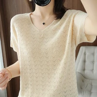 summer new v neck ice silk knitted short sleeved womens loose hollow t shirt thin section all match thin temperament top