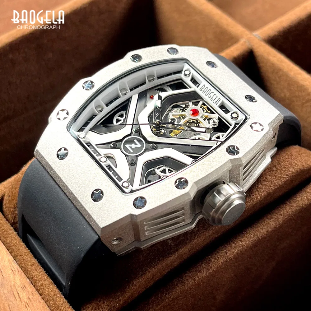 

BAOGELA Military Sport Watch Men Silicone Strap Analog Quartz Wristwatch with Luminous Hands Tonneau Dial 4143 Silver Black