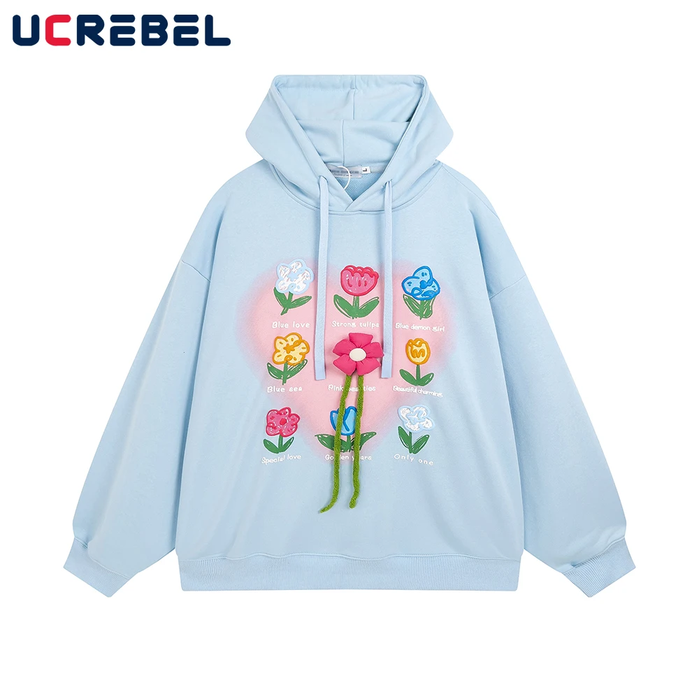 

Свитшот мужской с длинным рукавом и капюшоном, креативный Повседневный худи с цветочным украшением, свободная уличная одежда