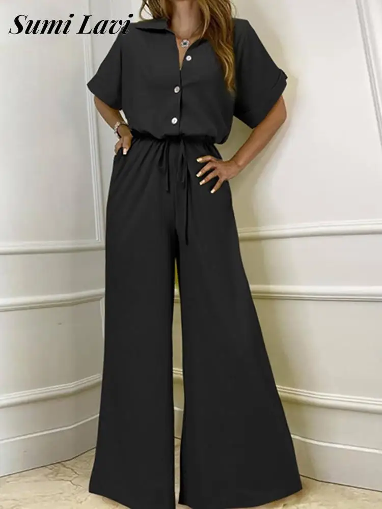 

Women Fashion Solid Single-breasted Playsuit Overalls Elegant Lapel Short Sleeve Shirt Jumpsuits Casual Bandage Wide Leg Romper