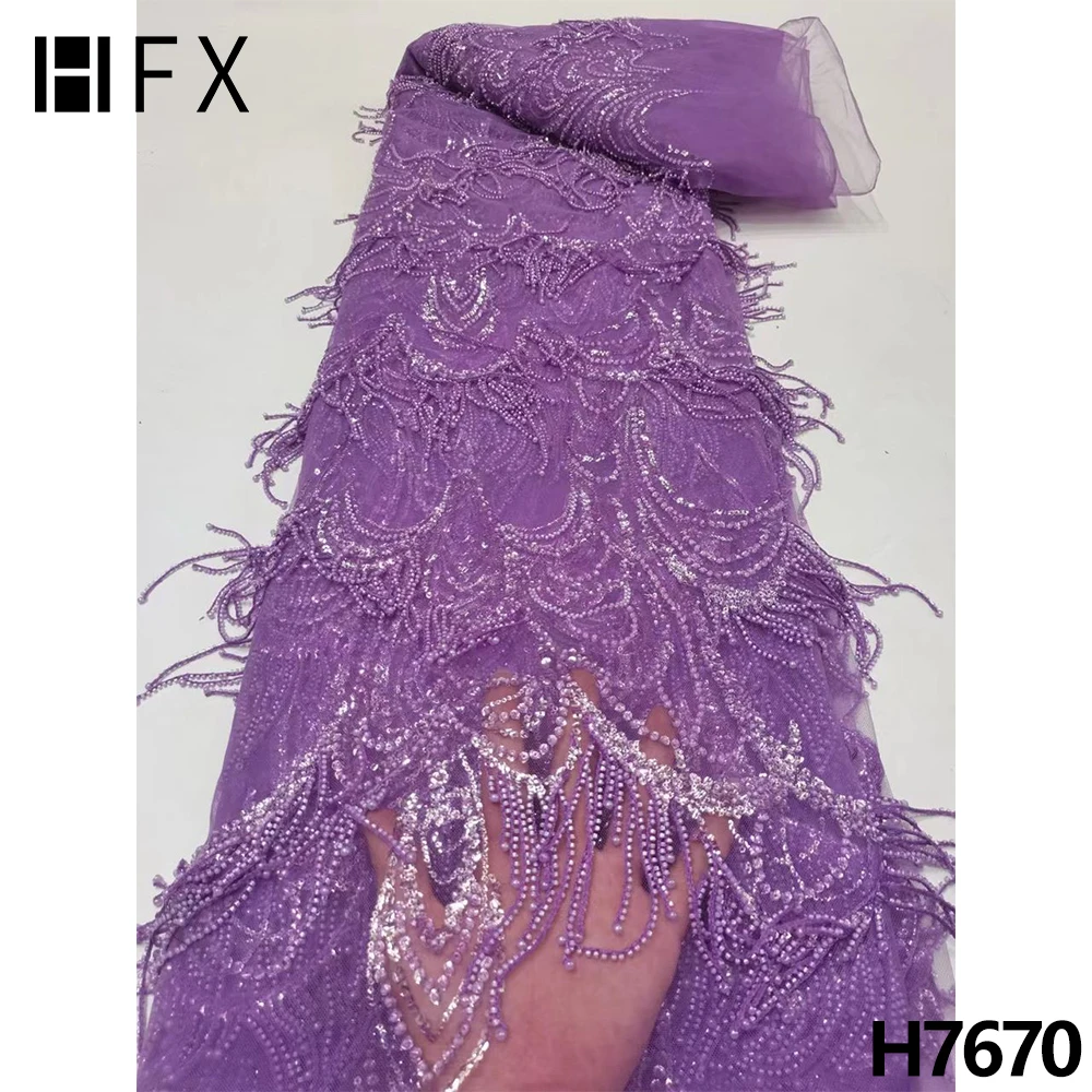 

HFX Luxury French Sequin Lace Fabric With Tassels 2022 Latest Embroidery Tulle Lace Hand Beaded African Lace Fabric Party F7670