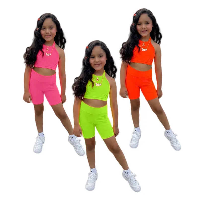 

Young Girls Summer Clothes Set Sleeveless Halter Backless Tops + High Waist Shorts Tank Set 2-7years Children Solid Vest Suits