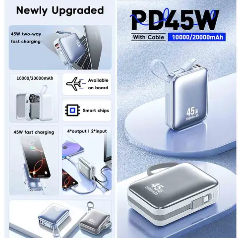 20000 мАч Power Bank PD 45 Вт Портативный кабель USB C Быстрая зарядка Мобильный внешний аккумулятор для Samsung iPhone Xiaomi