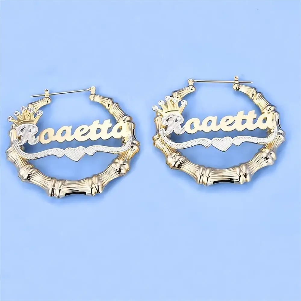 Customized Jewelry Set Personalized Crown Initial Necklace and Two Tone Bamboo Hoop Name Earrings Personalized Custom Plated Set