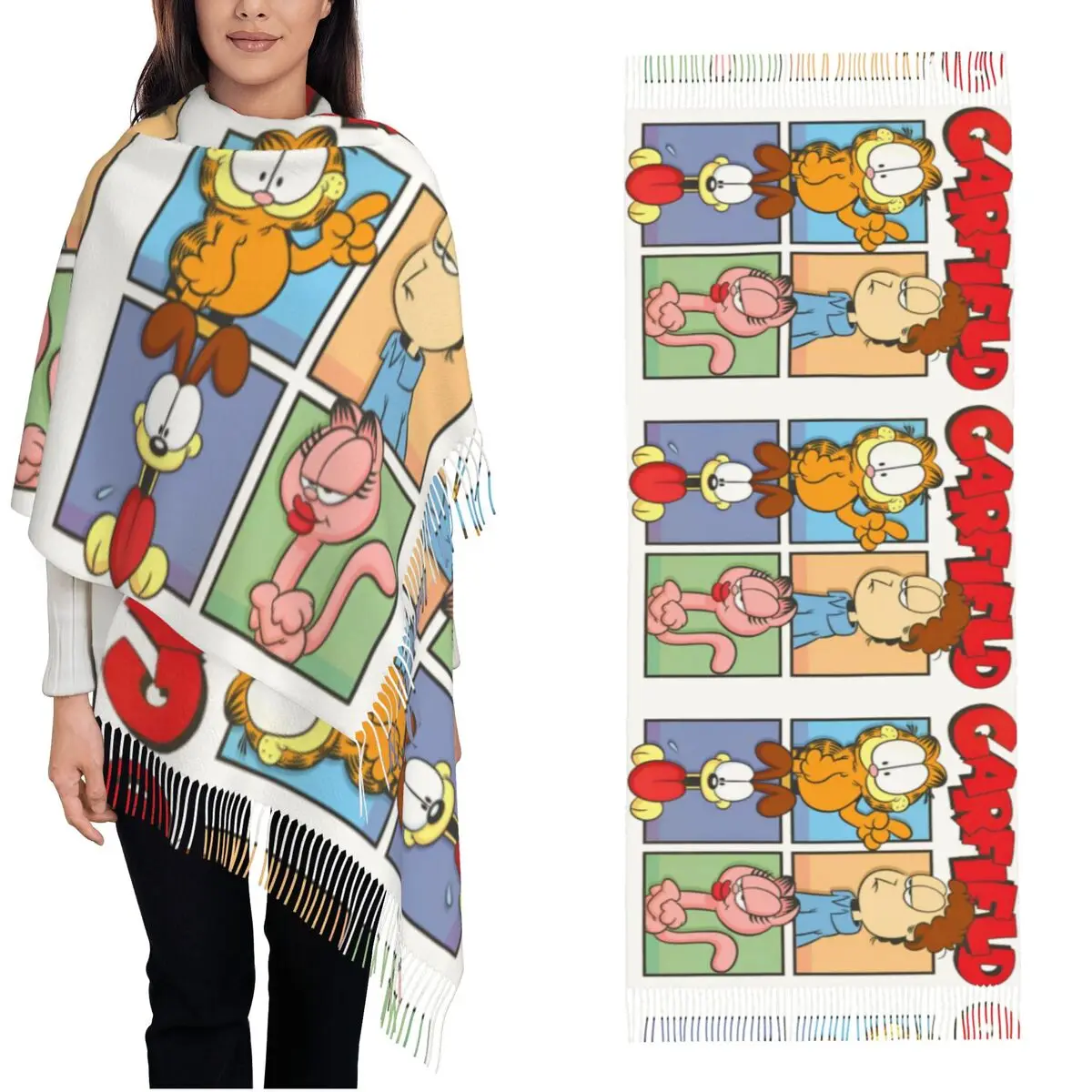 Women's Scarf with Tassel G-Garfielded Characters Jon Abackel Long Winter Warm Shawl and Wrap Cute Cartoon Gift Pashmina Scarves
