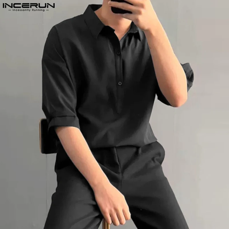 

INCERUN Tops 2023 Korean Style Handsome Men's Fashion All-match Shirts Casual Streetwear Solid Lapel Short-sleeved Blouse S-5XL