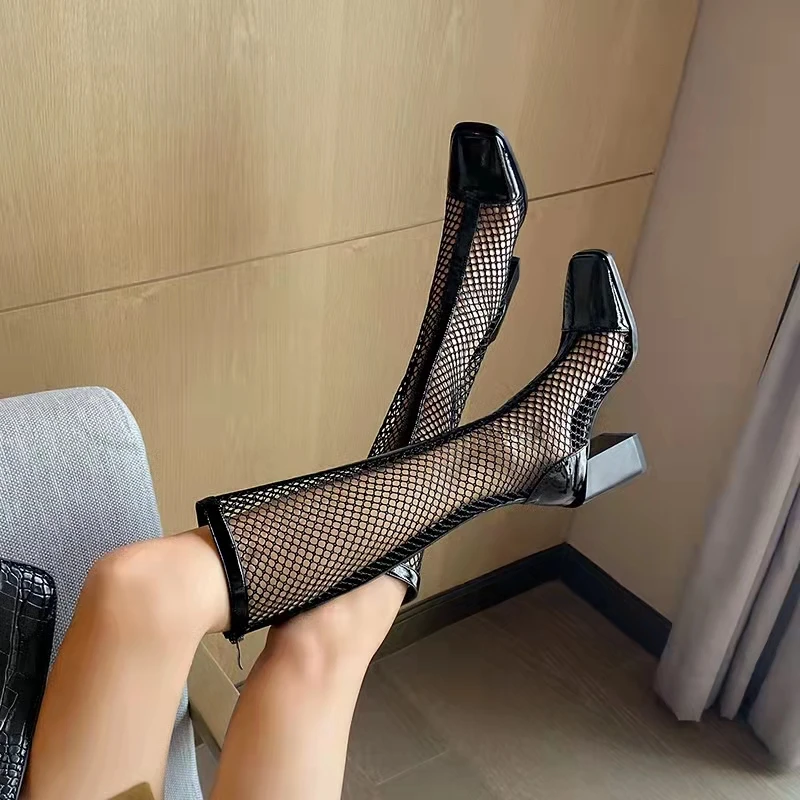 

Mesh Hollow Sandals Boots Women Pointed Toe Thick Heels Medium High Heels Spring and Summer New Ladies Sandals Botas De Mujer
