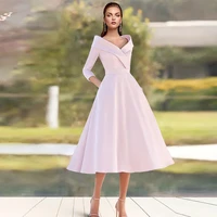 evening dress for weddings mother of the bride gown tea length with 34 sleeve a line simple geust party v neck plus size 2022