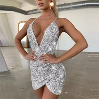 women sequin glitter sling bodycon dress sexy summer party club short vestidos lady fashion solid v neck backless wrap sundress