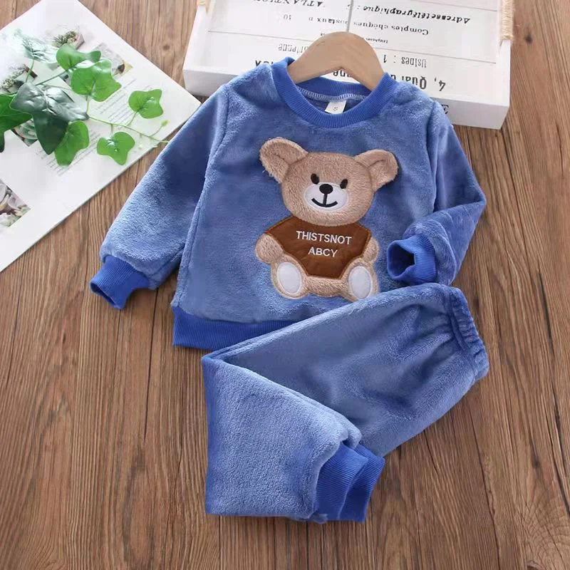 

Флисовые комплекты одежды для маленьких мальчиков и девочек, сезон зима-осень 2023, хлопковый плотный теплый свитер с милым медведем, костюм из двух предметов