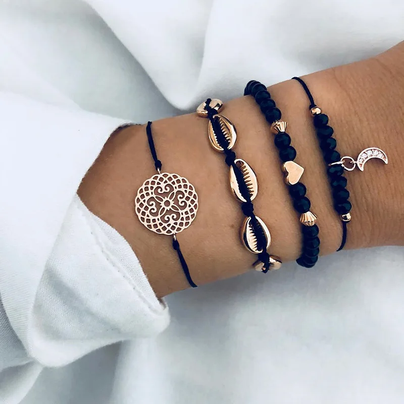 

Bohemian Black GemStone Beads Bangles Bracelets For Women Heart Map Ocean Gold Color Multilayer Bracelets Sets Jewelry Gifts