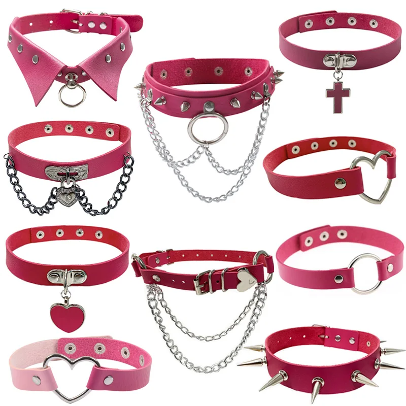 

Sexy Women Pink PU Leather Studs Metal Link Chain Heart Pendant Punk Collar Choker Necklace Jewelry Nightclub Cosplay Wholesale