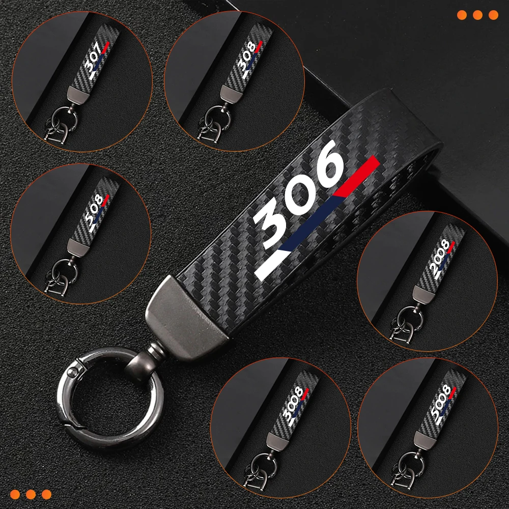 

Car KeyChain For Peugeot 306 307 308 508 2008 3008 5008 Leather Keyring Carbon Fiber Stripe Metal Buckle Key Strap Accessories