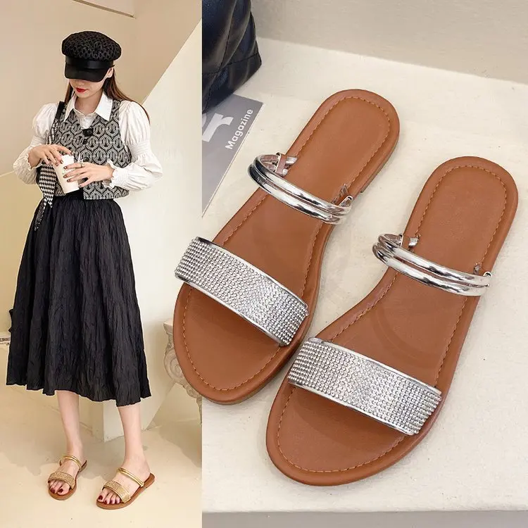 

Shoes Women Low Slippers Casual Pantofle Lady Shale Female Beach Slides Soft Luxury 2023 Flat Girl Sabot PU Leisure Fabric Rome