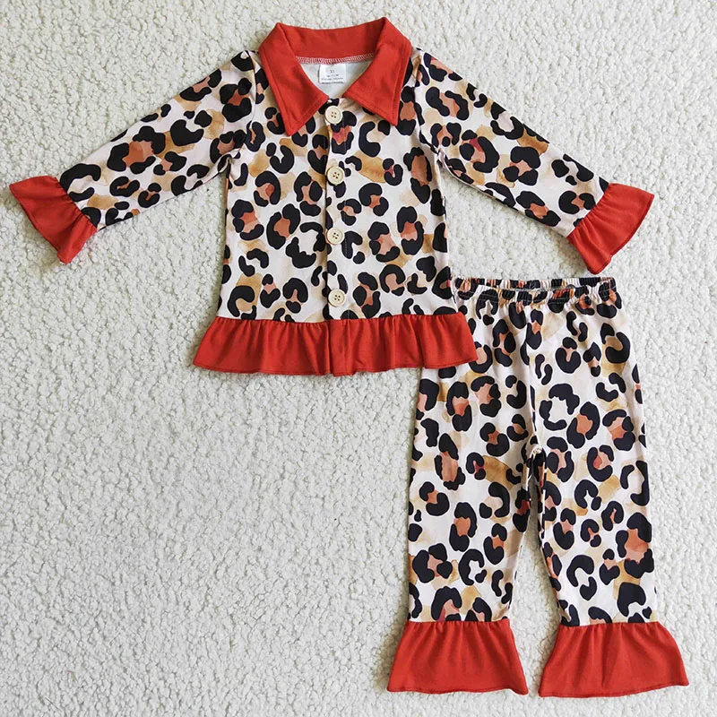 

Boutique silk pajamas leopard cheetah print orange color pajama set 2 pcs kids pajamas wholesale kids clothes girls set