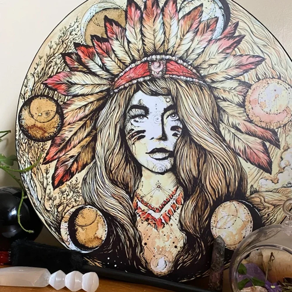 

25CM Shaman Drum Indian Girl Drum Decoration Handmade Shamanic Drum Siberian Drums Spirit Music With Drumstick Home Ornament