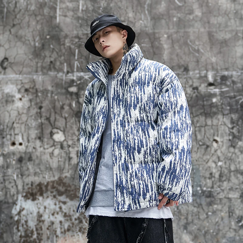 

Techwear Jacket for Men Dark National Tide High Street Autumn Winter New Striped Cotton Zipper Jacket Bread Bubble Harajuku Coat