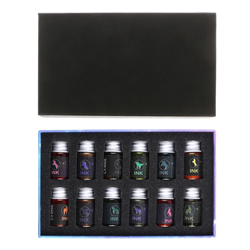 

57EC 12pcs Gold Powder Colored Bottled Glass Dip Pen Ink Set Fountain Writing Signature Box Gift 7ML
