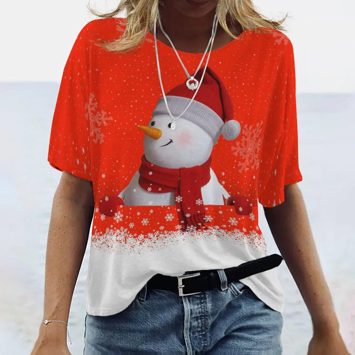 

SNAKE YX Ladies Summer New Fashion Christmas Snowman Print Round Neck Short Sleeve Top XXS-10XL
