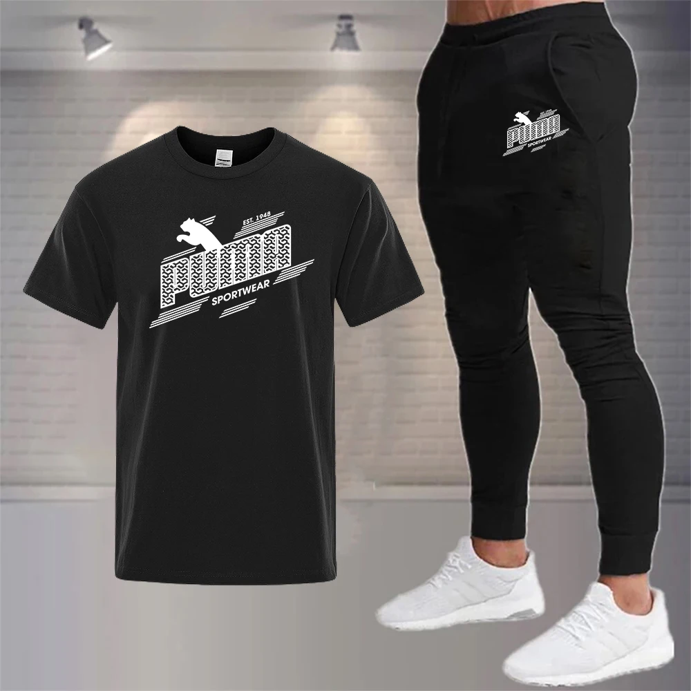 

Vintage Men's Tracksuit Cotton T-shirts Sweatpant suit Luxury Cloth Gym Short Sleeve Outfits Male Casual Tees Jogger Sports Kit
