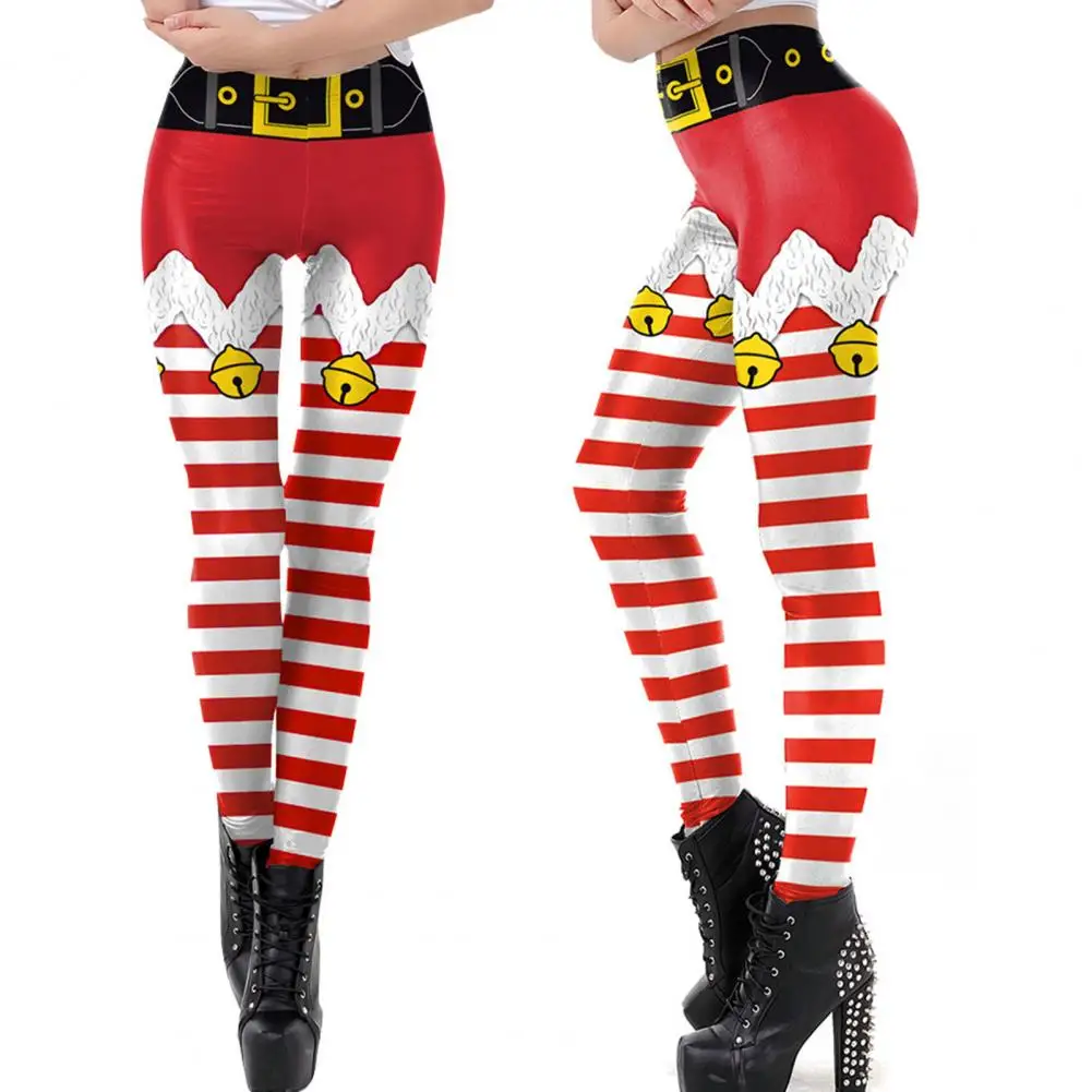 

Xmas Cosplay Bottoming Pants High-Waist Hip Lifting Women Tights Festival Leggings 3D Striped Fake Belt Print Skinny Leggings