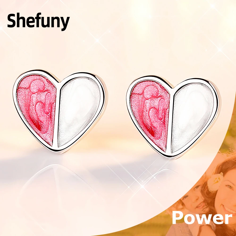 

New 925 Sterling Silver Personalized Heart Love Stud Earrings Pink White Enamel Earrings For Women Fine Jewelry Engagement Gift