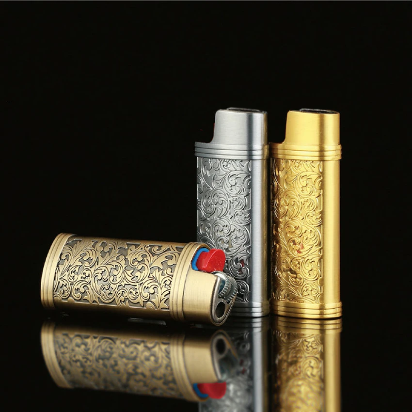 

Fashion Reusable Case Explosion-Proof Metal Armor Lighter Shell For Bic J5 J6 Carved Flower Gas Lighters Protect Box Wholesale