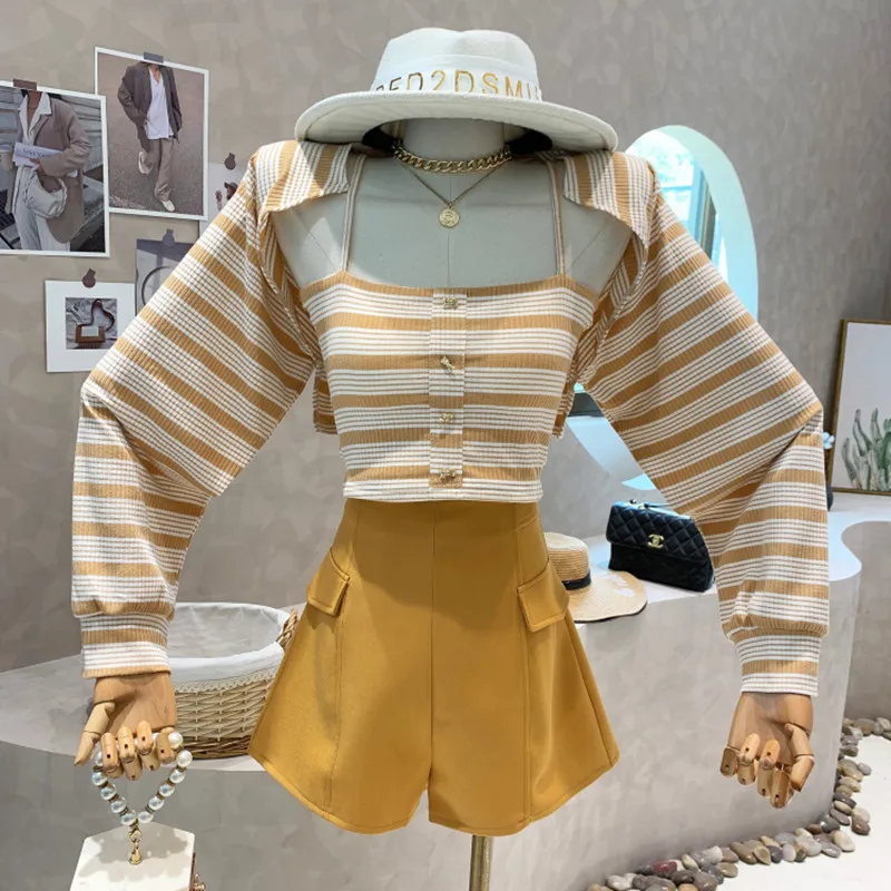 

New Women's Clothing 2022 Spring casual suit Striped Long sleeve cardigan sling tops High Waist Shorts pant three piece set