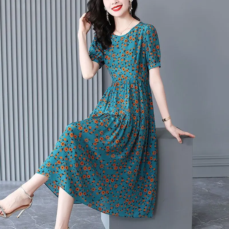 

Summer Floral Print Dress 2023 Fashion Elegant Short Sleeve Vintage Vestidos O Neck Woman Beach Style A Line Clothing M534