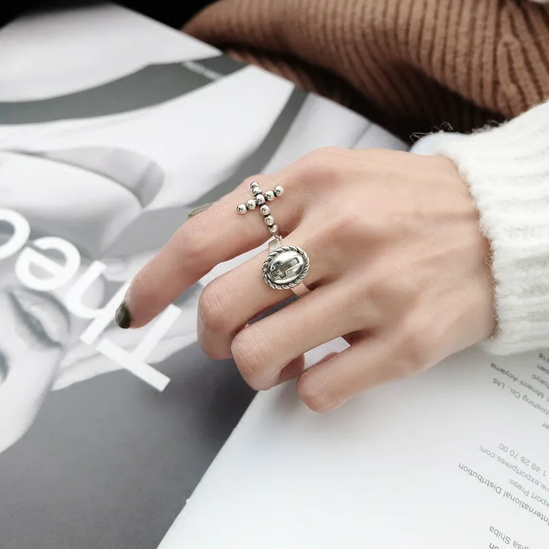 

New Oval Cross Silver Rings for Women Men Simple Vintage Thin Geometric Adjustable Finger Ring Couple Party Jewelry Accessories