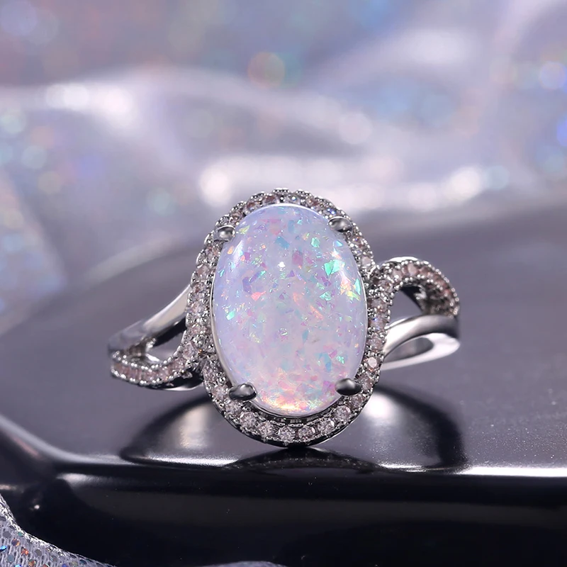 

New Trendy Silver Plated Oval Opals Engagement Rings For Women Shine White CZ Stone Inlay Fashion Jewelry Wedding Party Gift