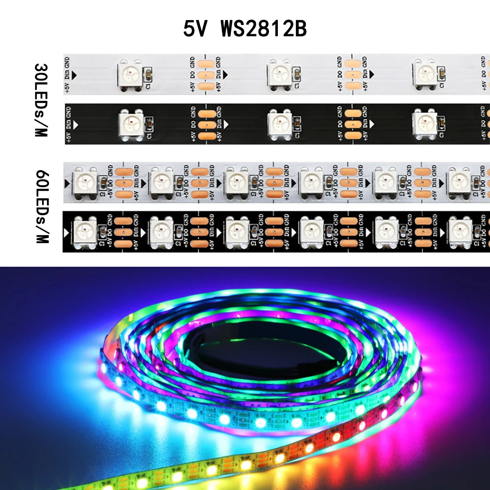 

DC5V RGBIC WS2812B Led Lights Individually Addressable Dream Color RGB WS2812 Led Strip 1m30LEDs 1m60LEDs Black White PCB