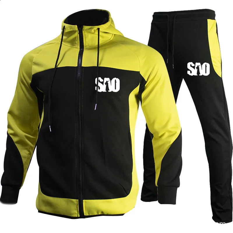 

2022 NEW SAO Sword Art Online logo print High quality patchwork men hooded jacket suit Hoodie Sweatsuit +Pants Autumn set