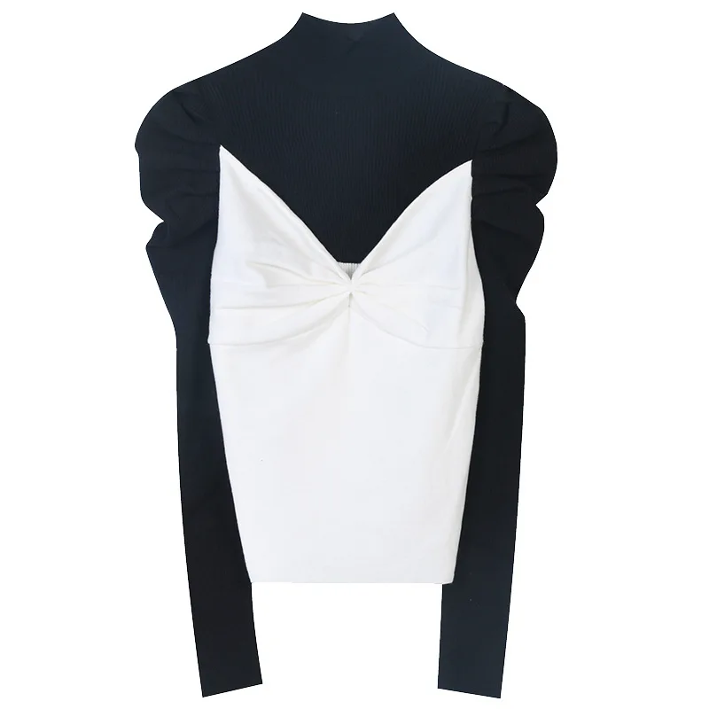 

New Black and White Fake Two Pieces Special-Interest Design Socialite Slim Fit Half Turtleneck Knitted Pullover Bottoming Shirt