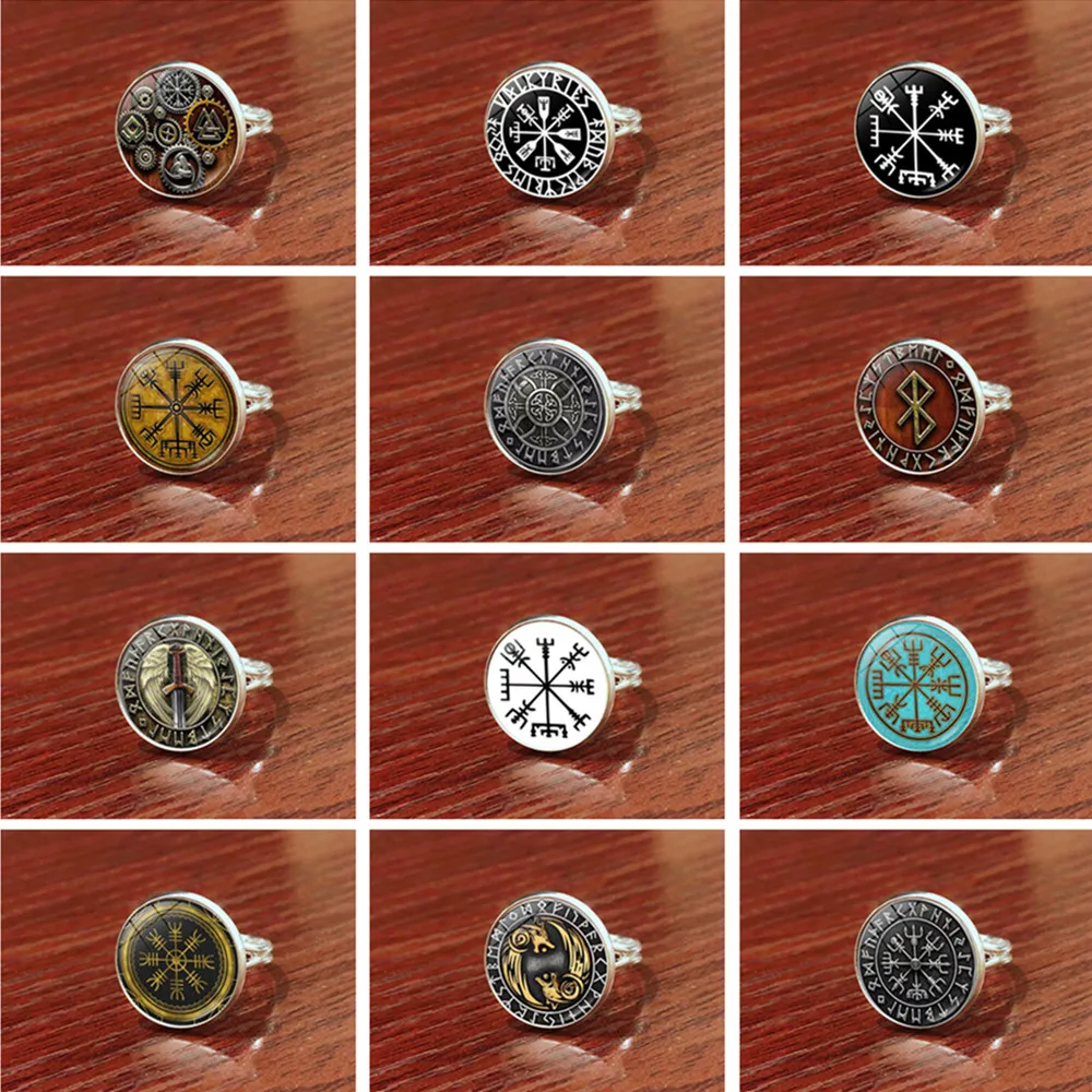 

New Nordic Fashion Viking Opening Adjustable Ring Odin Logo Compass Rune Ring Handmade Jewelry for Men and Women Finger Rings